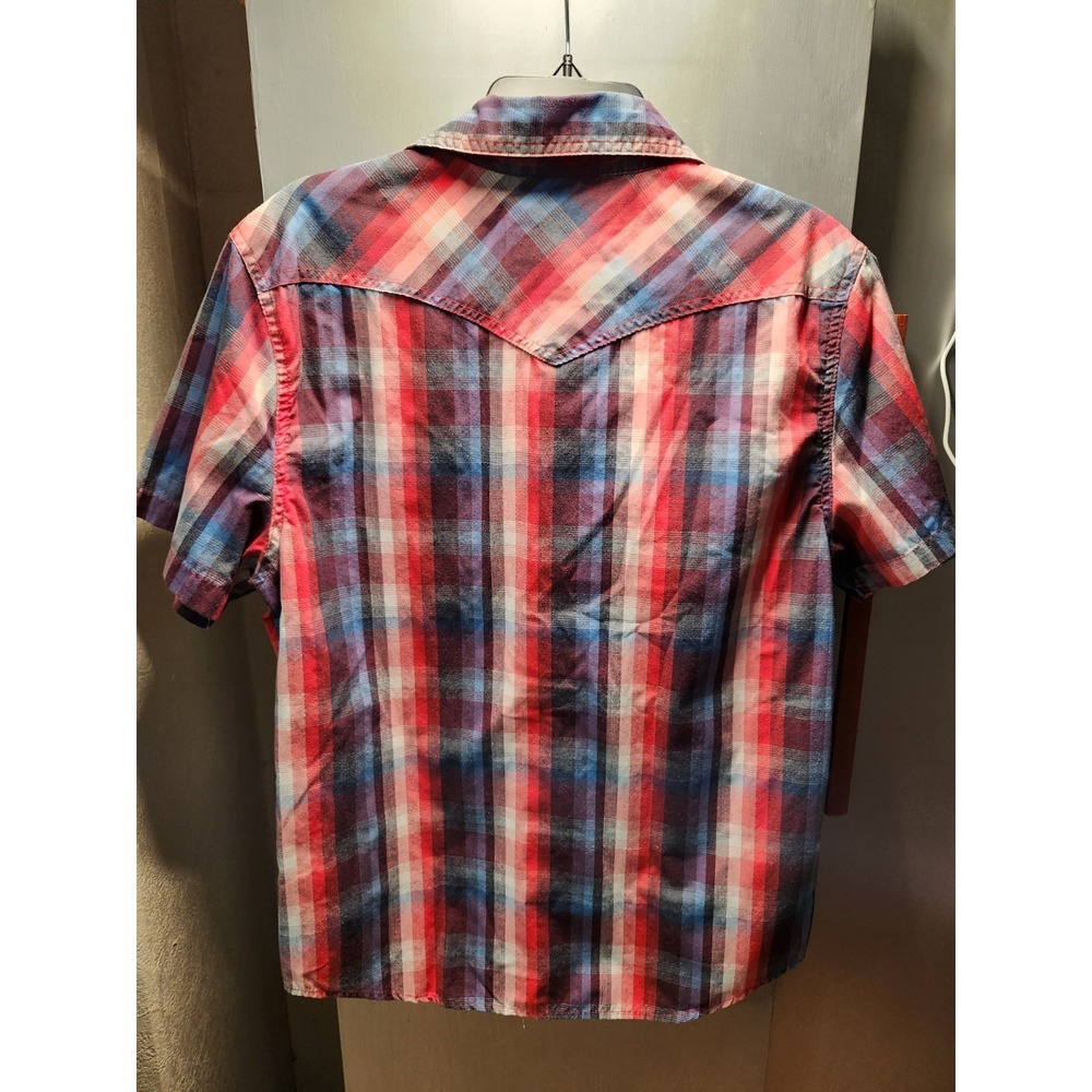 Ditch Plains Pearl Snap Men's Size L Shirt Red Blue Plaid Short Sleeve Cowboy - Picture 3 of 7